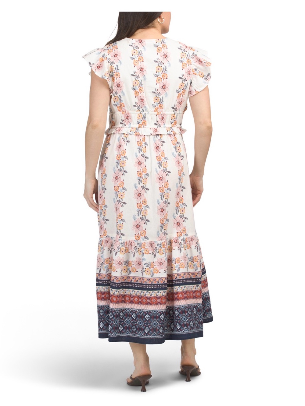 LEAVE BOHO FLORAL FLUTTER SLEEVE IN WHITE AND NAVY BORDER SIZE M NWT - Picture 4 of 11